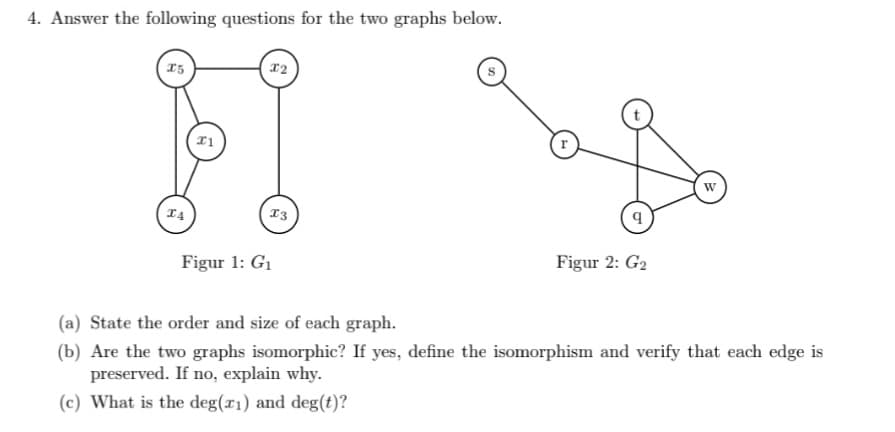 4. Answer the following questions for the two graphs below.
15
14
13
Figur 1: G1
Figur 2: G2
(a) State the order and size of each graph.
(b) Are the two graphs isomorphic? If yes, define the isomorphism and verify that each edge is
preserved. If no, explain why.
(c) What is the deg(r1) and deg(t)?
