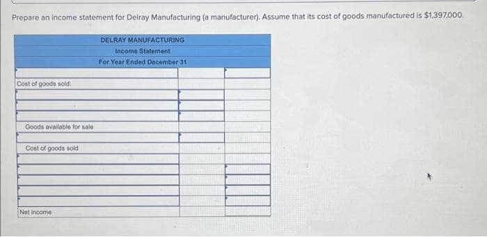 Prepare an income statement for Delray Manufacturing (a manufacturer). Assume that its cost of goods manufactured is $1,397,000.
Cost of goods sold:
Goods available for sale
Cost of goods sold
Net income
DELRAY MANUFACTURING
Income Statement
For Year Ended December 31
