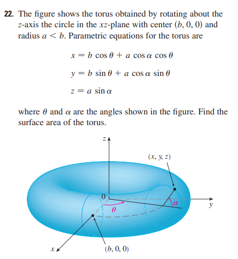 22. The figure shows the torus obtained by rotating about the
z-axis the circle in the xz-plane with center (b, 0, 0) and
radius a < b. Parametric equations for the torus are
x = b cos 0 + a cos a cos 0
y = b sin + a cos a sin
z = a sin a
where and a are the angles shown in the figure. Find the
surface area of the torus.
Z
(x, y, z)
X*
(b, 0, 0)
α
y