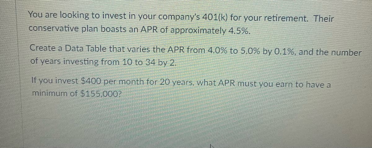 You are looking to invest in your company's 401(k) for your retirement. Their
conservative plan boasts an APR of approximately 4.5%.
Create a Data Table that varies the APR from 4.0% to 5.0% by 0.1%, and the number
of years investing from 10 to 34 by 2.
If you invest $400 per month for 20 years, what APR must you earn to have a
minimum of $155,000?
