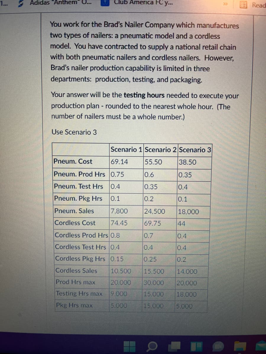 1...
Adidas "Anthem" 0..
Club America FC y...
Read
20
You work for the Brad's Nailer Company which manufactures
two types of nailers: a pneumatic model and a cordless
model. You have contracted to supply a national retail chain
with both pneumatic nailers and cordless nailers. However,
Brad's nailer production capability is limited in three
departments: production, testing, and packaging.
Your answer will be the testing hours needed to execute your
production plan - rounded to the nearest whole hour. (The
number of nailers must be a whole number.)
Use Scenario 3
Scenario 1 Scenario 2 Scenario 3
Pneum. Cost
69.14
55.50
38.50
Pneum. Prod Hrs 0.75
0.6
0.35
Pneum. Test Hrs
0.4
0.35
0.4
Pneum. Pkg Hrs
0.1
0.2
0.1
Pneum. Sales
7.800
24,500
18,000
Cordless Cost
74.45
69.75
44
Cordless Prod Hrs 0.8
0.7
0.4
Cordless Test Hrs 0.4
0.4
0.4
Cordless Pkg Hrs 0.15
0.25
0.2
Cordless Sales
10,500
15.500
14.000
Prod Hrs max
20.000
30.000
20.000
Testing Hrs max
9.000
15.000
18.000
Pkg Hrs max
5.000
15.000
5.000
