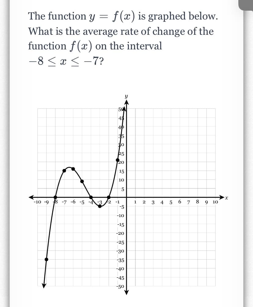 The function Y
f(x) is graphed below.
What is the average rate of change of the
function f (x) on the interval
-8 < x < -7?
45
35
30
25
20
15
10
5
-10 -9 8 -7 -6 -5 -4-3
-1
1.
3
4
6
7
10
-5
-10
-15
-20
-25
-30
-35
-40
-45
-50
