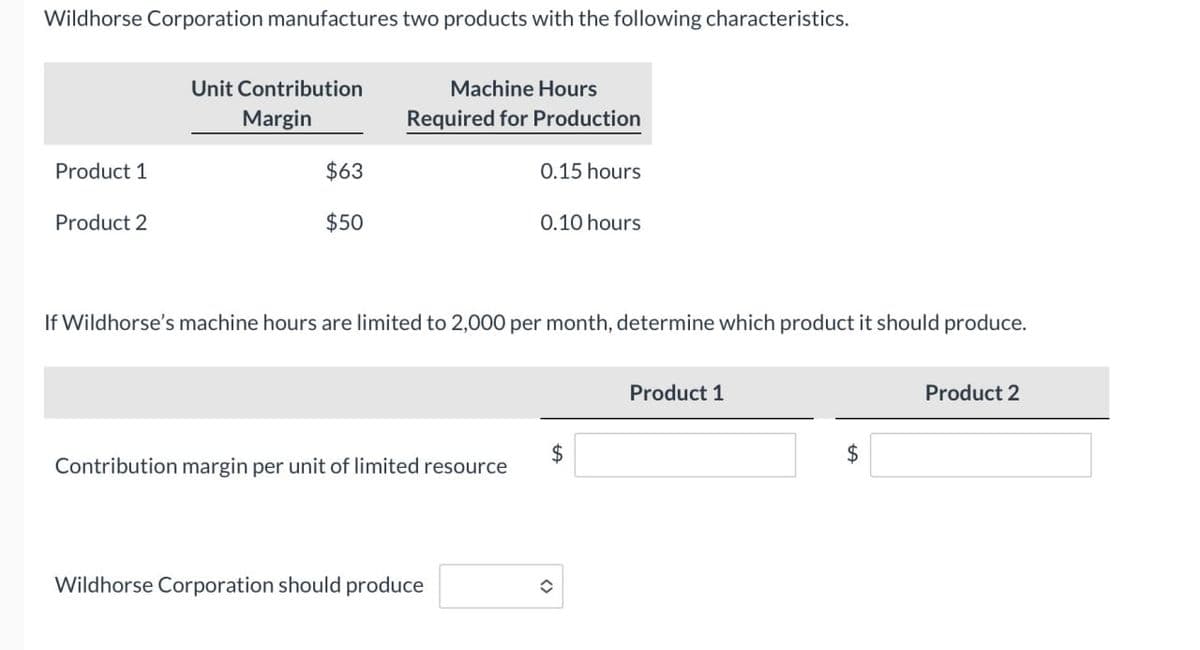 Wildhorse Corporation manufactures two products with the following characteristics.
Unit Contribution
Margin
Machine Hours
Required for Production
Product 1
$63
0.15 hours
Product 2
$50
0.10 hours
If Wildhorse's machine hours are limited to 2,000 per month, determine which product it should produce.
Product 1
Contribution margin per unit of limited resource
$
Wildhorse Corporation should produce
$
Product 2