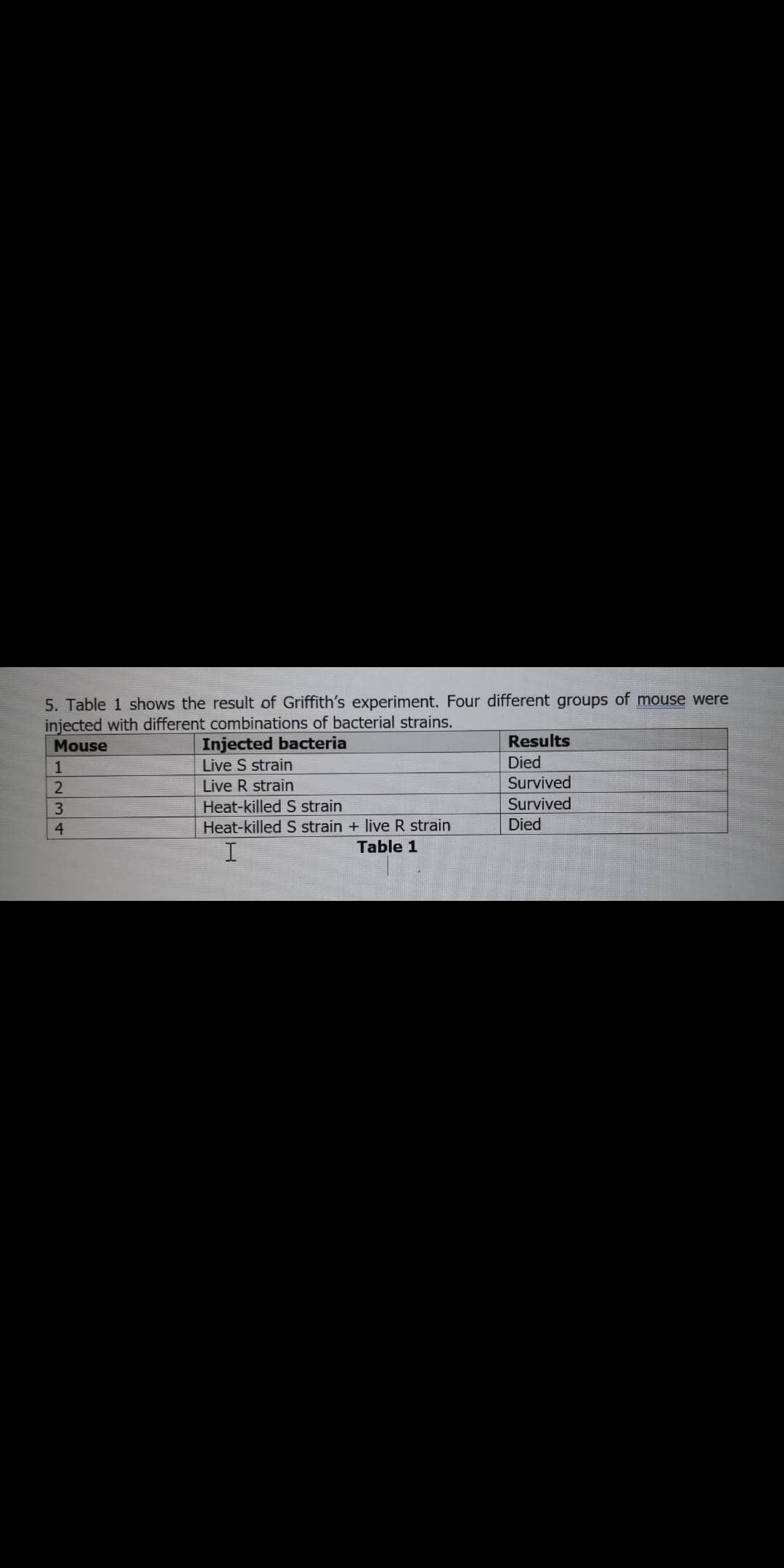 5. Table 1 shows the result of Griffith's experiment. Four different groups of mouse were
injected with different combinations of bacterial strains.
Injected bacteria
Live S strain
Mouse
Results
Died
Live R strain
Survived
Heat-killed S strain
Survived
Died
Heat-killed S strain + live R strain
Table 1
I
MI234
