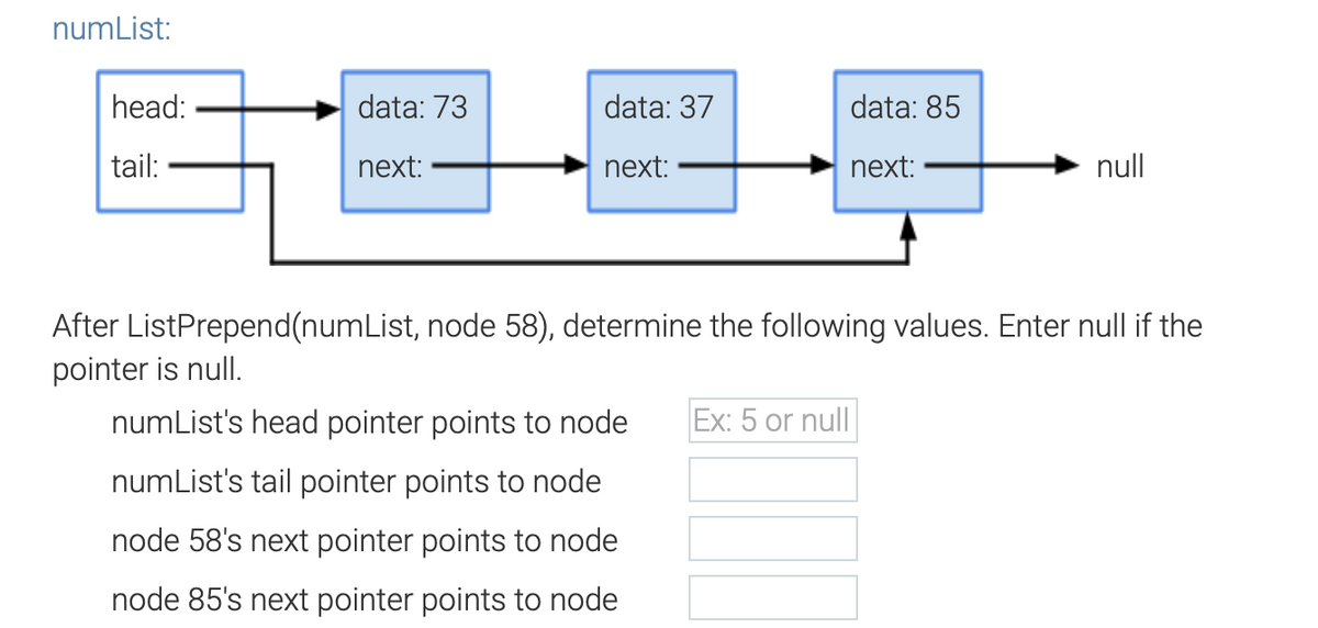 numList:
head:
tail:
data: 73
next:
data: 37
next:
data: 85
next:
null
After List Prepend(numList, node 58), determine the following values. Enter null if the
pointer is null.
numList's head pointer points to node Ex: 5 or null
numList's tail pointer points to node
node 58's next pointer points to node
node 85's next pointer points to node