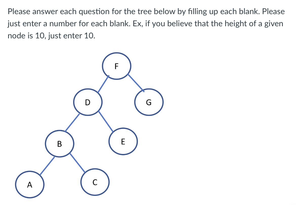 Please answer each question for the tree below by filling up each blank. Please
just enter a number for each blank. Ex, if you believe that the height of a given
node is 10, just enter 10.
A
B
D
C
F
E
G