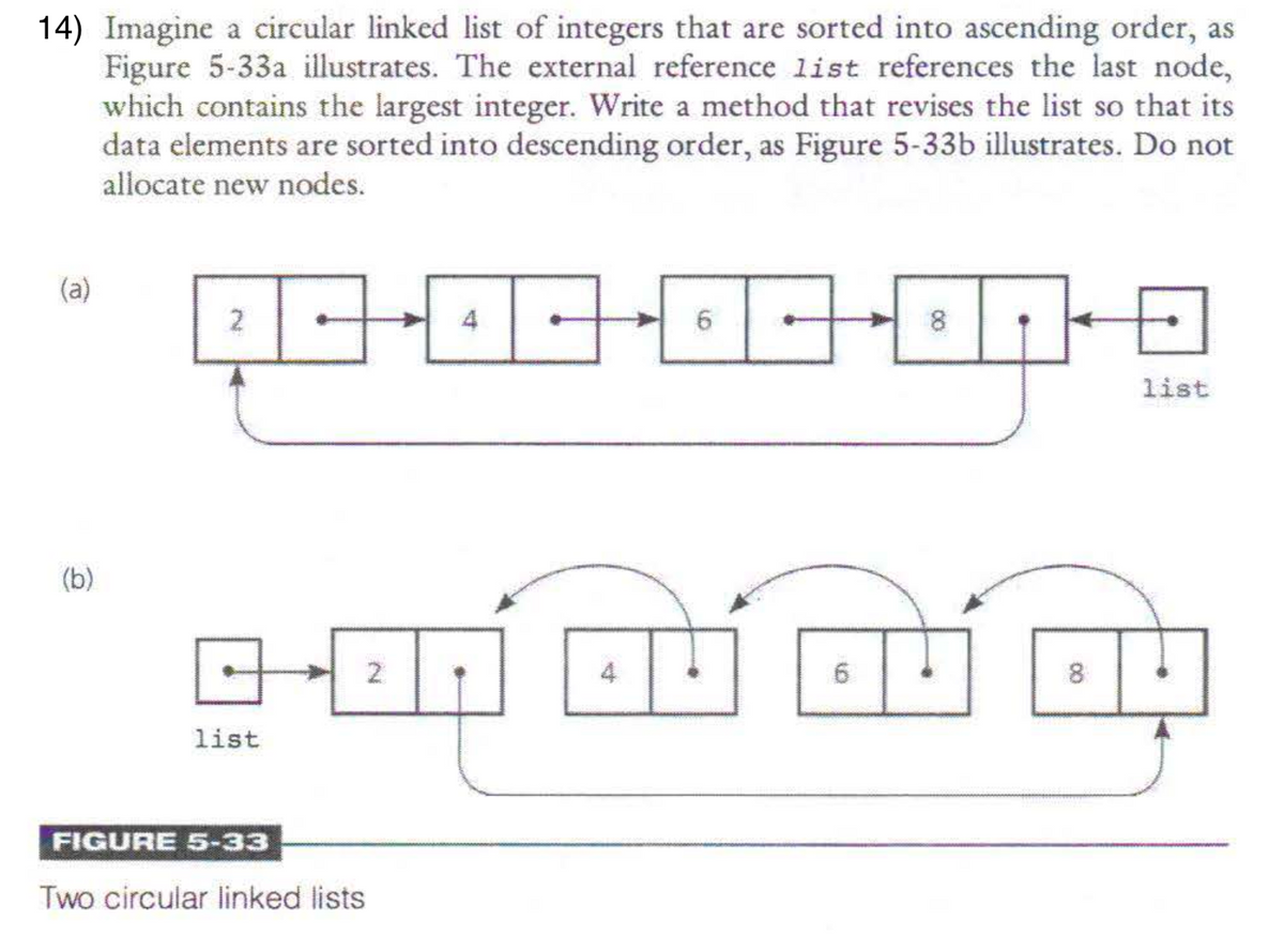 14) Imagine a circular linked list of integers that are sorted into ascending order, as
Figure 5-33a illustrates. The external reference list references the last node,
which contains the largest integer. Write a method that revises the list so that its
data elements are sorted into descending order, as Figure 5-33b illustrates. Do not
allocate new nodes.
(a)
(b)
2
回
list
FIGURE 5-33
4
Two circular linked lists
[
6
子
8
6
00
日
2
8
日照仓
list