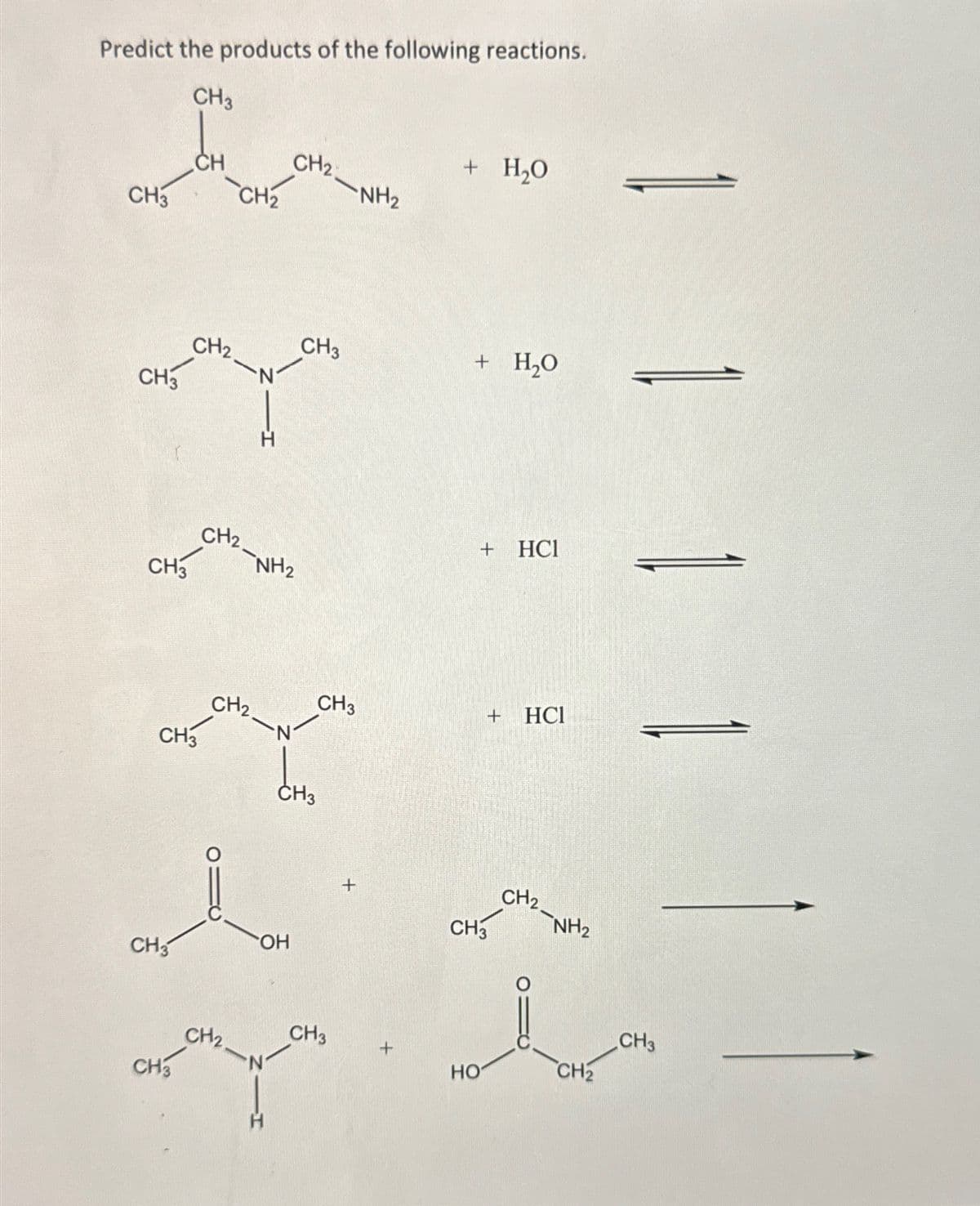 Predict the products of the following reactions.
CH3
CH3
CH
CH2
-NH2
-CH2
+ H₂O
CH3
+ H₂O
CH2
N
CH3
1 1 1
CH2
+
HCI
CH3
NH2
CH2
CH3
+
HCI
CH3
CH3
CH3
OH
+
CH2
CH3
NH2
CH2
CH3
CH3
HO
CH2
CH3