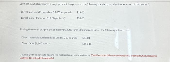 Levine Inc., which produces a single product, has prepared the following standard cost sheet for one unit of the product.
Direct materials (6 pounds at $3.00 per pound)
Direct labor (4 hours at $14.00 per hour)
$18.00
$56.00
During the month of April, the company manufactures 280 units and incurs the following actual costs.
Direct materials purchased and used (1.710 pounds)
Direct labor (1,140 hours)
$5,301
$15,618
Journalize the entries to record the materials and labor variances. (Credit account titles are automatically indented when amount is
entered. Do not indent manually.)