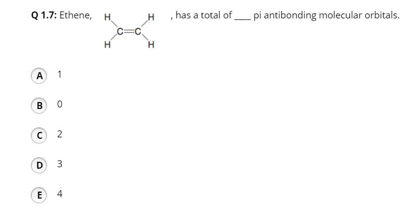 Q 1.7: Ethene, H.
, has a total of
pi antibonding molecular orbitals.
c=C,
H
A
1
B
2
D
E
4
