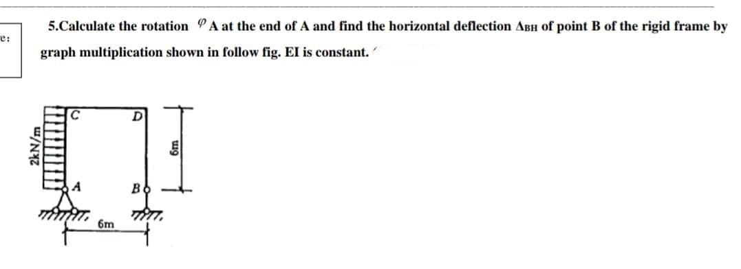 5.Calculate the rotation
e:
A at the end of A and find the horizontal deflection ABH of point B of the rigid frame by
graph multiplication shown in follow fig. EI is constant.
Bo
2kN/m
min
6m