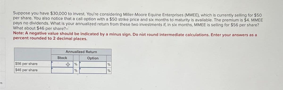 S
Suppose you have $30,000 to invest. You're considering Miller-Moore Equine Enterprises (MMEE), which is currently selling for $50
per share. You also notice that a call option with a $50 strike price and six months to maturity is available. The premium is $4. MMEE
pays no dividends. What is your annualized return from these two investments if, in six months, MMEE is selling for $56 per share?
What about $46 per share?-
Note: A negative value should be indicated by a minus sign. Do not round intermediate calculations. Enter your answers as a
percent rounded to 2 decimal places.
$56 per share
$46 per share
Annualized Return
Option
Stock
%
%
%