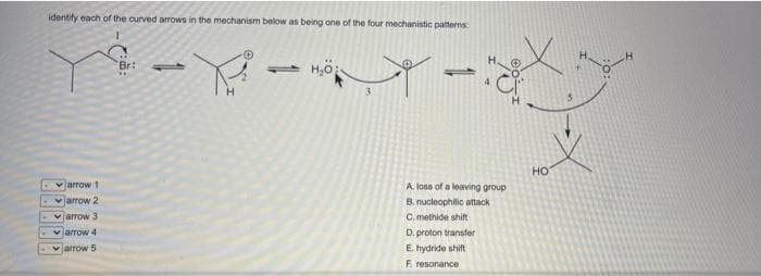 identify each of the curved arrows in the mechanism below as being one of the four mechanistic patterns
Br:
но
vjarrow 1
A loss of a leaving group
varrow 2
B. nucleophilic attack
C. methide shift
D. proton transfer
E. hydride shift
E resonance
vjarrow 3
arrow 4
varrow 5

