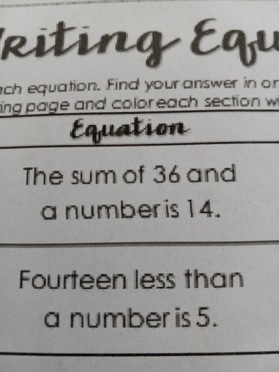 riting Equ
ach equation. Find your answer in or
ing page and coloreach section wi
Equation
The sum of 36 and
a number is 14.
Fourteen less than
a number is 5.

