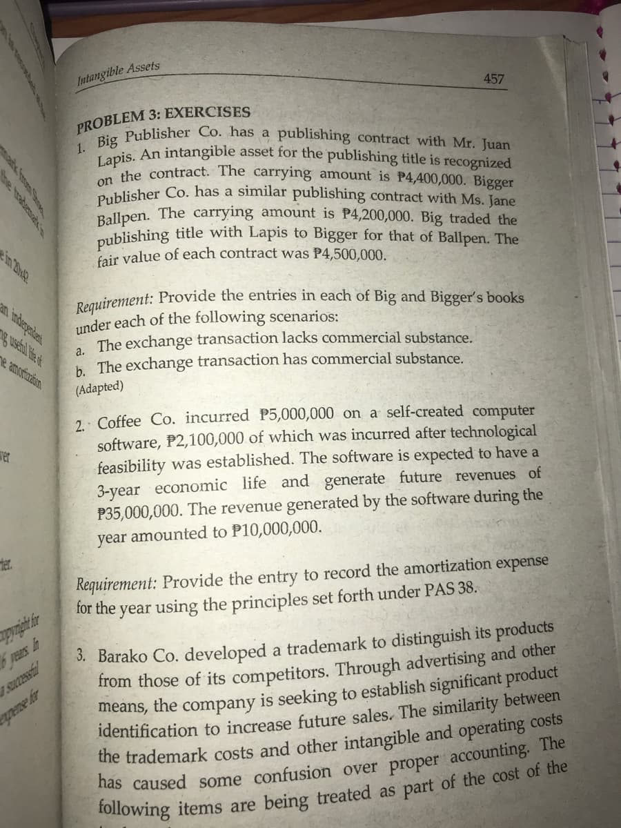 e amortization
Intangible Assets
457
PROBLEM 3: EXERCISES
1. Big Publisher Co. has a publishing contract with Mr. Juan
Lapis. An intangible asset for the publishing title is recognized
on the contract. The carrying amount is P4,400,000. Bigger
Publisher Co. has a similar publishing contract with Ms. Jane
Ballpen. The carrying amount is P4,200,000. Big traded the
publishing title with Lapis to Bigger for that of Ballpen. The
fair value of each contract was P4,500,000.
Requirement: Provide the entries in each of Big and Bigger's books
under each of the following scenarios:
a.
The exchange transaction lacks commercial substance.
b. The exchange transaction has commercial substance.
(Adapted)
2. Coffee Co. incurred P5,000,000 on a self-created computer
software, P2,100,000 of which was incurred after technological
feasibility was established. The software is expected to have a
3-year economic life and generate future revenues of
P35,000,000. The revenue generated by the software during the
year amounted to P10,000,000.
Requirement: Provide the entry to record the amortization expense
year using the principles set forth under PAS 38.
for the
3. Barako Co. developed a trademark to distinguish its products
from those of its competitors. Through advertising and other
means, the company is seeking to establish significant product
identification to increase future sales. The similarity between
the trademark costs and other intangible and operating costs
has caused some confusion over proper accounting. The
following items are being treated as part of the cost of the