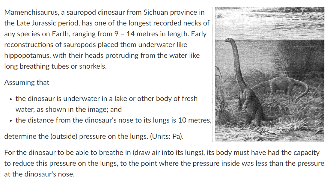 Mamenchisaurus, a sauropod dinosaur from Sichuan province in
the Late Jurassic period, has one of the longest recorded necks of
any species on Earth, ranging from 9 – 14 metres in length. Early
reconstructions of sauropods placed them underwater like
hippopotamus, with their heads protruding from the water like
long breathing tubes or snorkels.
Assuming that
•
the dinosaur is underwater in a lake or other body of fresh
water, as shown in the image; and
⚫ the distance from the dinosaur's nose to its lungs is 10 metres,
determine the (outside) pressure on the lungs. (Units: Pa).
For the dinosaur to be able to breathe in (draw air into its lungs), its body must have had the capacity
to reduce this pressure on the lungs, to the point where the pressure inside was less than the pressure
at the dinosaur's nose.