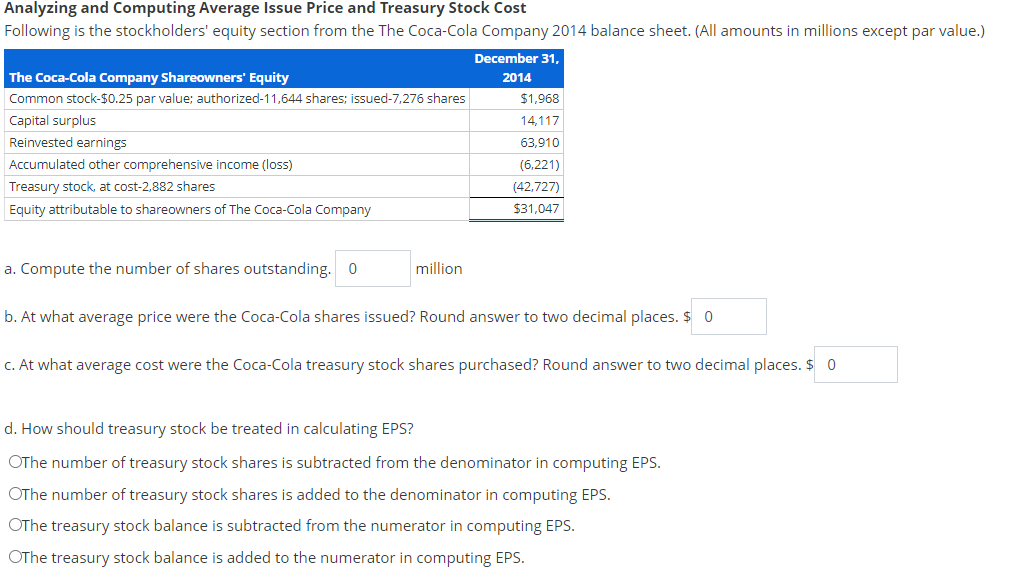 Analyzing and Computing Average Issue Price and Treasury Stock Cost
Following is the stockholders' equity section from the The Coca-Cola Company 2014 balance sheet. (All amounts in millions except par value.)
December 31,
2014
The Coca-Cola Company Shareowners' Equity
Common stock-$0.25 par value; authorized-11,644 shares; issued-7,276 shares
Capital surplus
Reinvested earnings
Accumulated other comprehensive income (loss)
Treasury stock, at cost-2,882 shares
Equity attributable to shareowners of The Coca-Cola Company
a. Compute the number of shares outstanding. 0
million
$1,968
14,117
63,910
(6,221)
(42,727)
$31,047
b. At what average price were the Coca-Cola shares issued? Round answer to two decimal places. $ 0
c. At what average cost were the Coca-Cola treasury stock shares purchased? Round answer to two decimal places. $ 0
d. How should treasury stock be treated in calculating EPS?
OThe numbe f treasury stock shares is subtracted from enomin in computing
OThe number of treasury stock shares is added to the denominator in computing EPS.
OThe treasury stock balance is subtracted from the numerator in computing EPS.
OThe treasury stock balance is added to the numerator in computing EPS.