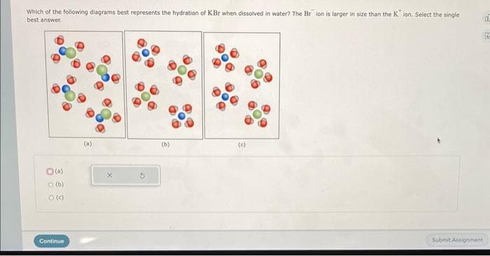 Which of the following diagrams best represents the hydration of KBr when dissolved in water? The Br lon is larger in size than the K ion. Select the single
best answer.
0 (0)
(b)
O (c)
Continue
(a)
(b)
(c)
Submit Assignment
d
B