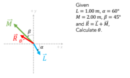M
1
1
Given
L = 1.00 m, a = 60°
M = 2.00 m, B = 45°
and R = L + M,
Calculate 8.