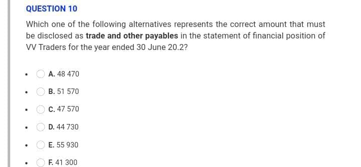 QUESTION 10
Which one of the following alternatives represents the correct amount that must
be disclosed as trade and other payables in the statement of financial position of
VV Traders for the year ended 30 June 20.2?
O A. 48 470
B. 51 570
C. 47 570
D. 44 730
E. 55 930
F. 41 300
