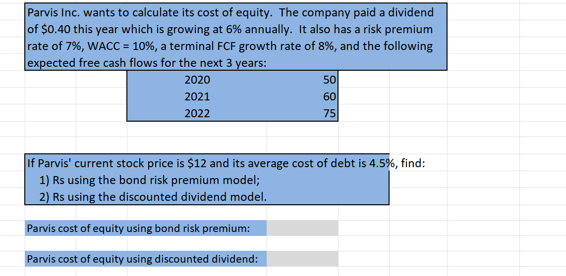 Parvis Inc. wants to calculate its cost of equity. The company paid a dividend
of $0.40 this year which is growing at 6% annually. It also has a risk premium
rate of 7%, WACC = 10%, a terminal FCF growth rate of 8%, and the following
expected free cash flows for the next 3 years:
2020
2021
2022
If Parvis' current stock price is $12 and its average cost of debt is 4.5%, find:
1) Rs using the bond risk premium model;
2) Rs using the discounted dividend model.
Parvis cost of equity using bond risk premium:
50
60
75
Parvis cost of equity using discounted dividend: