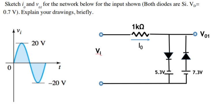 Sketch i and v, for the network below for the input shown (Both diodes are Si. Vp=
0.7 V). Explain your drawings, briefly.
1kO
A Vi
Vo1
20 V
lo
V
5.3V
7.3V
-20 V
