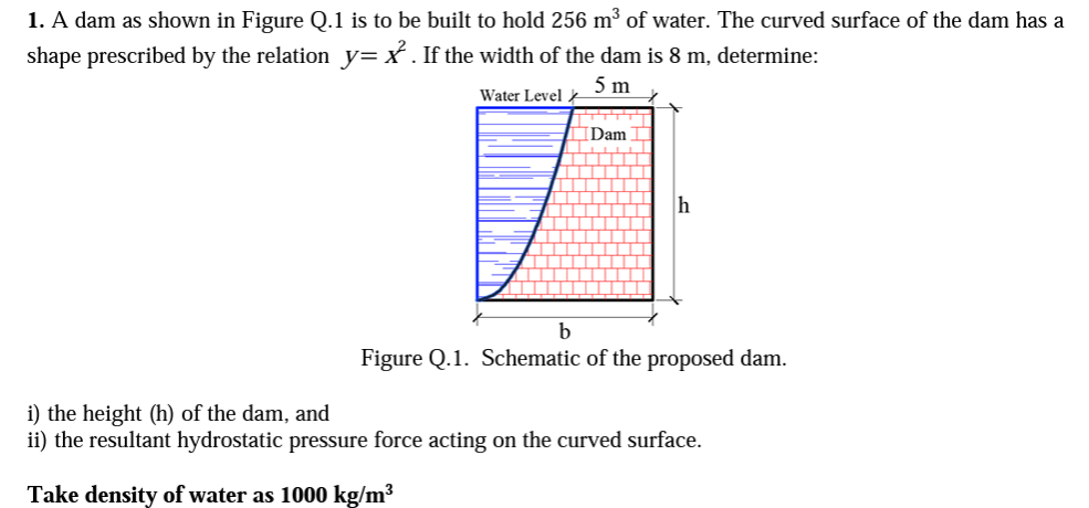 1. A dam as shown in Figure Q.1 is to be built to hold 256 m³ of water. The curved surface of the dam has a
shape prescribed by the relation y=x. If the width of the dam is 8 m, determine:
5 m
Water Level
Dam
h
b
Figure Q.1. Schematic of the proposed dam.
i) the height (h) of the dam, and
ii) the resultant hydrostatic pressure force acting on the curved surface.
Take density of water as 1000 kg/m³