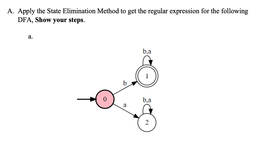 A. Apply the State Elimination Method to get the regular expression for the following
DFA, Show your steps.
а.
b,a
b
b,a
a
2
