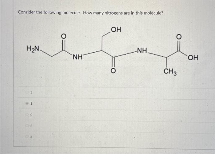 Consider the following molecule. How many nitrogens are in this molecule?
H₂N.
2
1
0
3
O
ΝΗ
OH
O
NH.
CH 3
OH