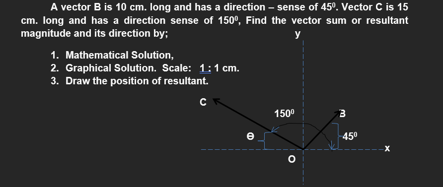 A vector B is 10 cm. long and has a direction – sense of 45°. Vector C is 15
cm. long and has a direction sense of 150°, Find the vector sum or resultant
magnitude and its direction by;
y
1. Mathematical Solution,
2. Graphical Solution. Scale: 1:1 cm.
3. Draw the position of resultant.
1500
e
450
