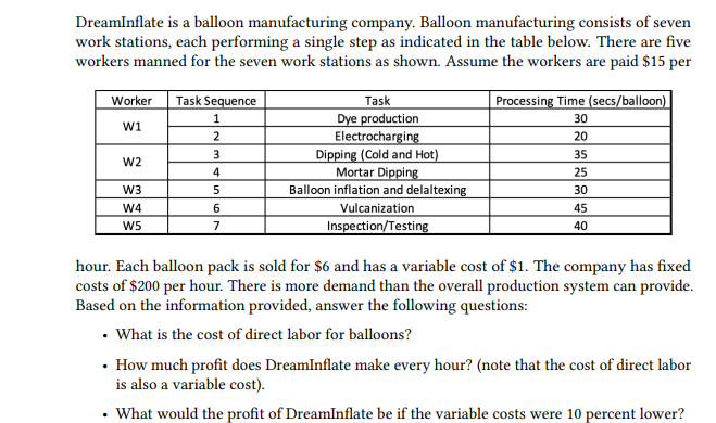 DreamInflate is a balloon manufacturing company. Balloon manufacturing consists of seven
work stations, each performing a single step as indicated in the table below. There are five
workers manned for the seven work stations as shown. Assume the workers are paid $15 per
Worker
Task Sequence
Processing Time (secs/balloon)
Task
Dye production
Electrocharging
Dipping (Cold and Hot)
Mortar Dipping
Balloon inflation and delaltexing
Vulcanization
Inspection/Testing
1
30
w1
20
3
35
W2
25
W3
30
W4
6.
45
W5
7
40
hour. Each balloon pack is sold for $6 and has a variable cost of $1. The company has fixed
costs of $200 per hour. There is more demand than the overall production system can provide.
Based on the information provided, answer the following questions:
• What is the cost of direct labor for balloons?
• How much profit does DreamInflate make every hour? (note that the cost of direct labor
is also a variable cost).
What would the profit of DreamInflate be if the variable costs were 10 percent lower?
