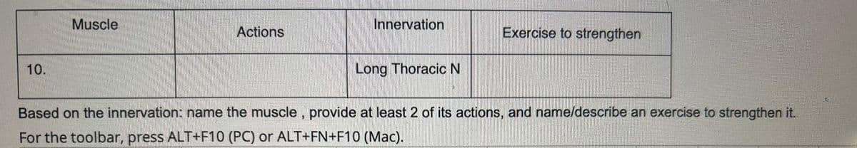 10.
Muscle
Actions
Innervation
Long Thoracic N
Exercise to strengthen
Based on the innervation: name the muscle, provide at least 2 of its actions, and name/describe an exercise to strengthen it.
For the toolbar, press ALT+F10 (PC) or ALT+FN+F10 (Mac).