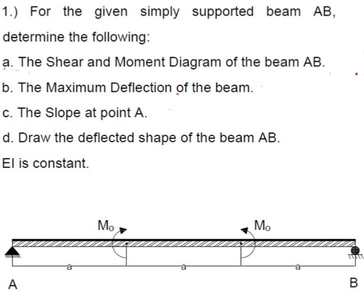 1.) For the given simply supported beam AB,
determine the following:
a. The Shear and Moment Diagram of the beam AB.
b. The Maximum Deflection of the beam.
c. The Slope at point A.
d. Draw the deflected shape of the beam AB.
El is constant.
Mo
Mo
A
