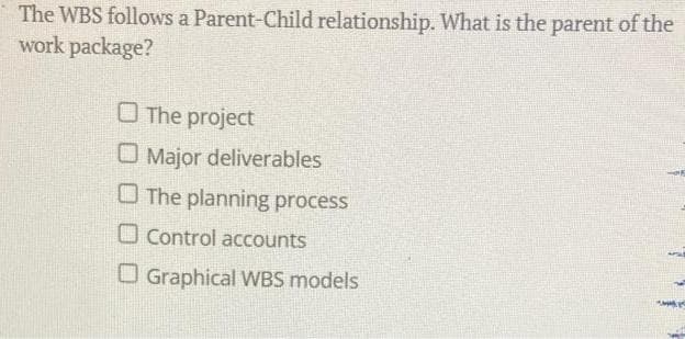 The WBS follows a Parent-Child relationship. What is the parent of the
work package?
The project
Major deliverables
O The planning process
Control accounts
Graphical WBS models
SMA