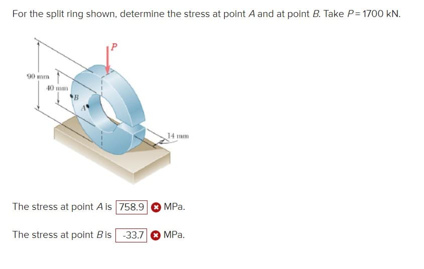 For the split ring shown, determine the stress at point A and at point B. Take P= 1700 kN.
90 mm
40 mm
B
P
The stress at point A is 758.9
14 mm
MPa.
The stress at point Bis -33.7 ✪ MPa.