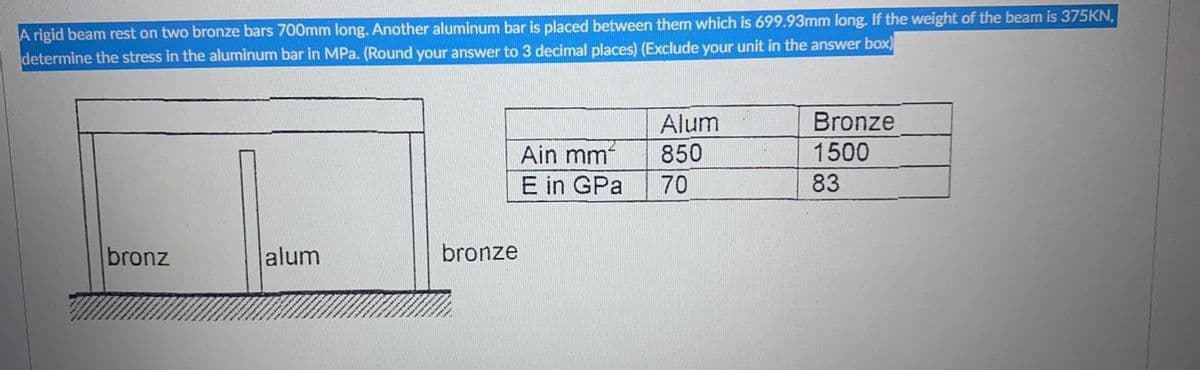 A rigid beam rest on two bronze bars 700mm long. Another aluminum bar is placed between them which is 699.93mm long. If the weight of the beam is 375KN,
determine the stress in the aluminum bar in MPa. (Round your answer to 3 decimal places) (Exclude your unit in the answer box)
Bronze
Alum
850
1500
Ain mm
E in GPa
70
83
bronz
alum
bronze
