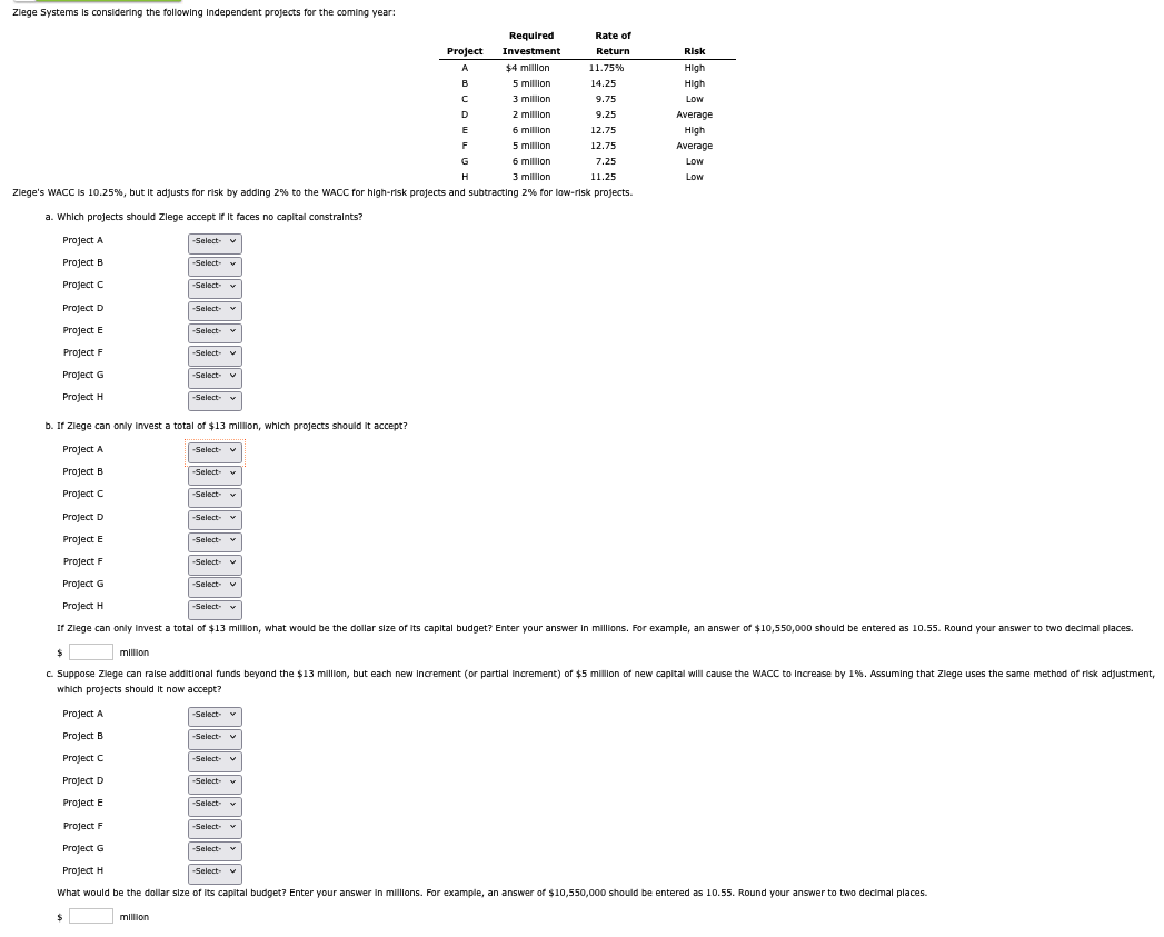 Ziege Systems is considering the following independent projects for the coming year:
Required
Rate of
Project
A
Investment
Return
Risk
$4 million
11.75%
High
B
5 million
14.25
High
с
3 million
9.75
Low
D
2 million
9.25
Average
E
6 million
12.75
High
F
5 million
12.75
Average
G
H
6 million
3 million
7.25
11.25
Low
Low
Ziege's WACC is 10.25%, but it adjusts for risk by adding 2% to the WACC for high-risk projects and subtracting 2% for low-risk projects.
a. Which projects should Ziege accept if it faces no capital constraints?
Project A
Project B
-Select-
-Select- ▼
Project C
-Select- v
Project D
-Select- v
Project E
-Select-
v
Project F
-Select- v
Project G
Project H
-Select- ✔
-Select- ▼
b. If Ziege can only invest a total of $13 million, which projects should it accept?
Project A
-Select-
Project B
-Select-
Project C
-Select-
v
Project D
-Select-
v
Project E
-Select- v
Project F
-Select- v
Project G
Project H
-Select- ✔
-Select- ▼
If Ziege can only invest a total of $13 million, what would be the dollar size of its capital budget? Enter your answer in millions. For example, an answer of $10,550,000 should be entered as 10.55. Round your answer to two decimal places.
$
million
c. Suppose Ziege can raise additional funds beyond the $13 million, but each new increment (or partial increment) of $5 million of new capital will cause the WACC to Increase by 1%. Assuming that Ziege uses the same method of risk adjustment,
which projects should it now accept?
Project A
-Select-
Project B
-Select- ✔
Project C
-Select-
Project D
-Select- v
Project E
-Select- v
Project F
-Select- v
Project G
-Select- v
Project H
-Select- ✔
What would be the dollar size of its capital budget? Enter your answer in millions. For example, an answer of $10,550,000 should be entered as 10.55. Round your answer to two decimal places.
$
million
