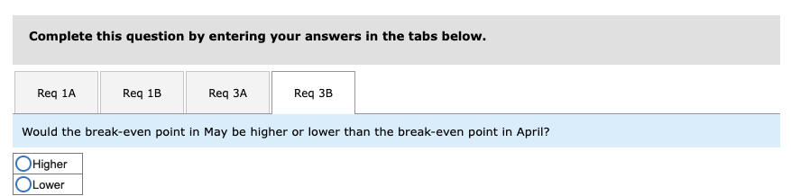 Complete this question by entering your answers in the tabs below.
Req 1A
Req 1B
Req 3A
Req 3B
Would the break-even point in May be higher or lower than the break-even point in April?
Higher
Lower