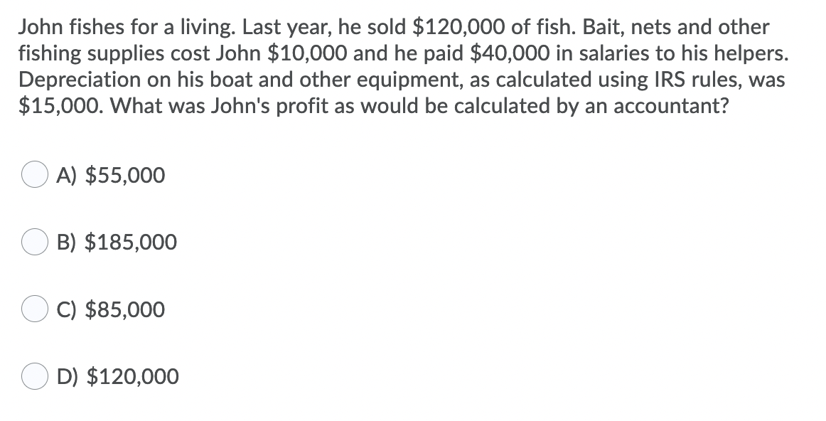 John fishes for a living. Last year, he sold $120,000 of fish. Bait, nets and other
fishing supplies cost John $10,000 and he paid $40,000 in salaries to his helpers.
Depreciation on his boat and other equipment, as calculated using IRS rules, was
$15,000. What was John's profit as would be calculated by an accountant?
A) $55,000
B) $185,000
C) $85,000
D) $120,000
