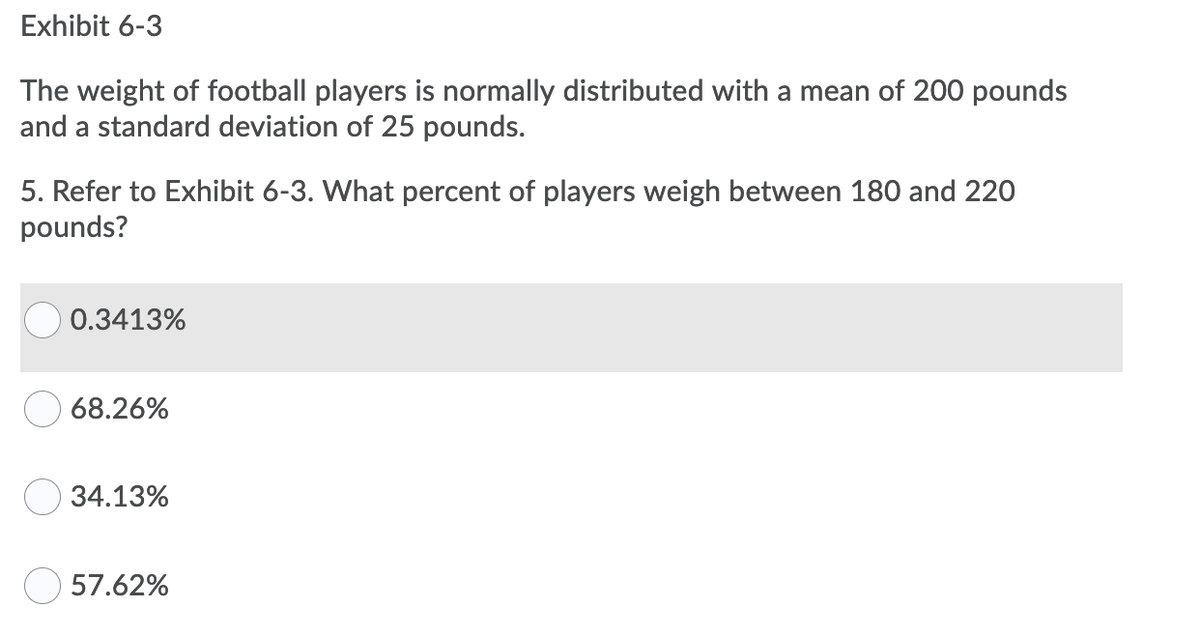 Exhibit 6-3
The weight of football players is normally distributed with a mean of 200 pounds
and a standard deviation of 25 pounds.
5. Refer to Exhibit 6-3. What percent of players weigh between 180 and 220
pounds?
0.3413%
68.26%
34.13%
57.62%
