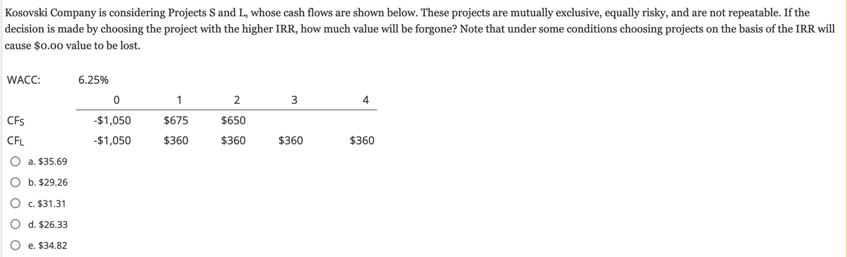 the
Kosovski Company is considering Projects S and L, whose cash flows are shown below. These projects are mutually exclusive, equally risky, and are not repeatable. If
decision is made by choosing the project with the higher IRR, how much value will be forgone? Note that under some conditions choosing projects on the basis of the IRR will
cause $0.00 value to be lost.
WACC:
CFS
CFL
a. $35.69
b. $29.26
c. $31.31
d. $26.33
e. $34.82
6.25%
0
-$1,050
-$1,050
1
$675
$360
2
$650
$360
3
$360
4
$360