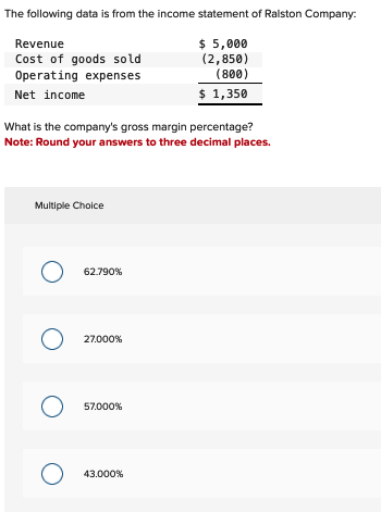The following data is from the income statement of Ralston Company:
Revenue
Cost of goods sold
$5,000
(2,850)
Operating expenses
(800)
Net income
$ 1,350
What is the company's gross margin percentage?
Note: Round your answers to three decimal places.
Multiple Choice
O
O
O
O
62.790%
27.000%
57.000%
43.000%