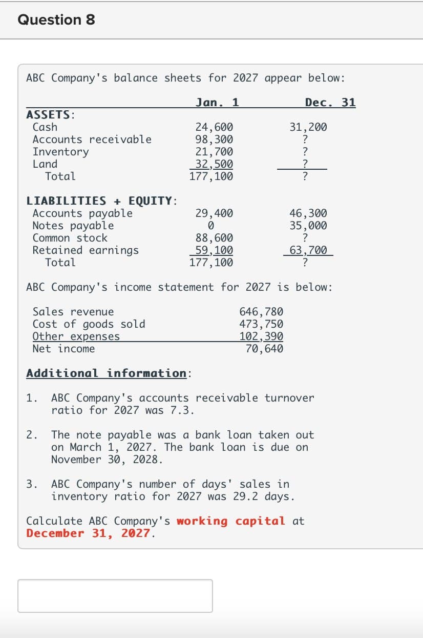 Question 8
ABC Company's balance sheets for 2027 appear below:
Jan. 1
Dec. 31
ASSETS:
Cash
Accounts receivable
Inventory
Land
LIABILITIES + EQUITY:
Accounts payable
Total
Notes payable
Common stock
Retained earnings
Total
Sales revenue
Cost of goods sold
Other expenses
Net income
1.
24,600
98,300
21,700
32,500
177,100
2.
29,400
0
88,600
59,100
177,100
31,200
?
ABC Company's income statement for 2027 is below:
646,780
473, 750
102,390
70,640
?
?
?
46,300
35,000
63,700
?
Additional information:
ABC Company's accounts receivable turnover
ratio for 2027 was 7.3.
The note payable was a bank loan taken out
on March 1, 2027. The bank loan is due on
November 30, 2028.
3. ABC Company's number of days' sales in
inventory ratio for 2027 was 29.2 days.
Calculate ABC Company's working capital at
December 31, 2027.