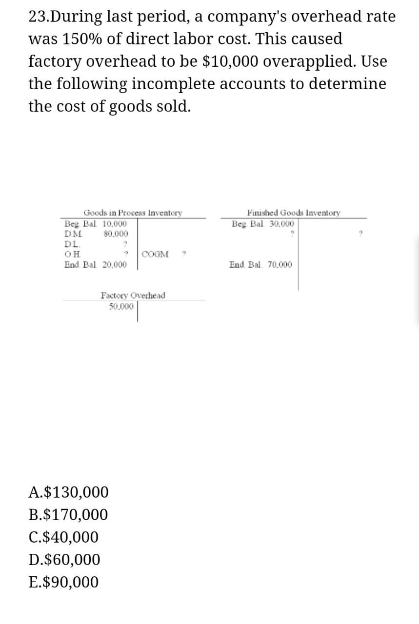 23.During last period, a company's overhead rate
was 150% of direct labor cost. This caused
factory overhead to be $10,000 overapplied. Use
the following incomplete accounts to determine
the cost of goods sold.
Goods in Process Inventory
Beg Bal 10,000
DM
80,000
D.L.
OH
End. Bal 20,000
? COGM ?
Factory Overhead
50.000
A.$130,000
B.$170,000
C.$40,000
D.$60,000
E.$90,000
Finished Goods Inventory
Beg Bal 30,000
?
End. Bal. 70.000