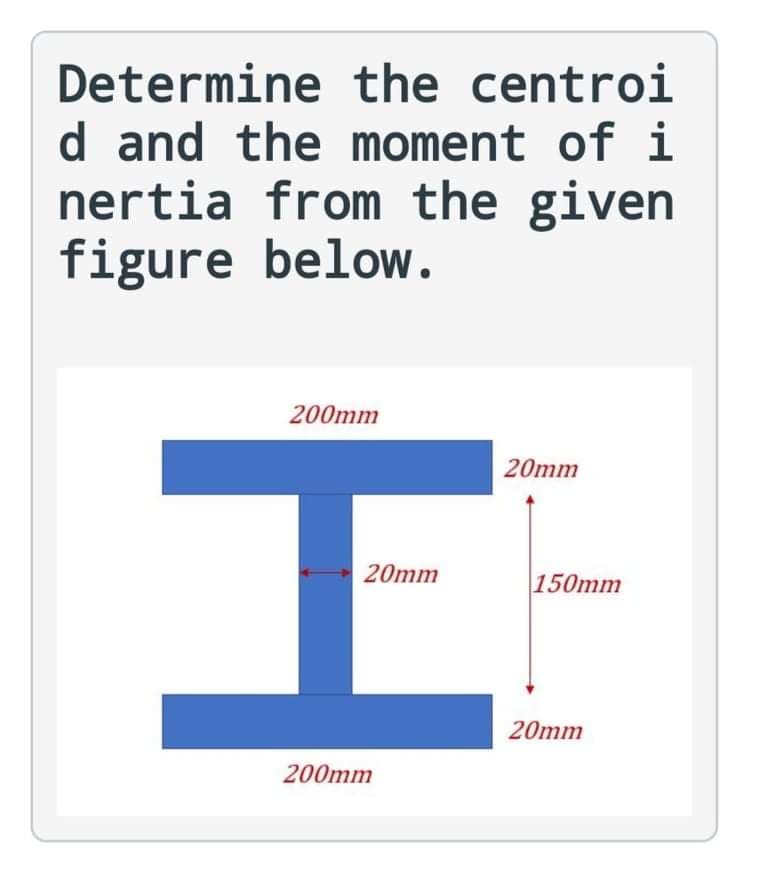 Determine the centroi
d and the moment of i
nertia from the given
figure below.
200mm
20mm
20mm
150mm
20mm
200mm

