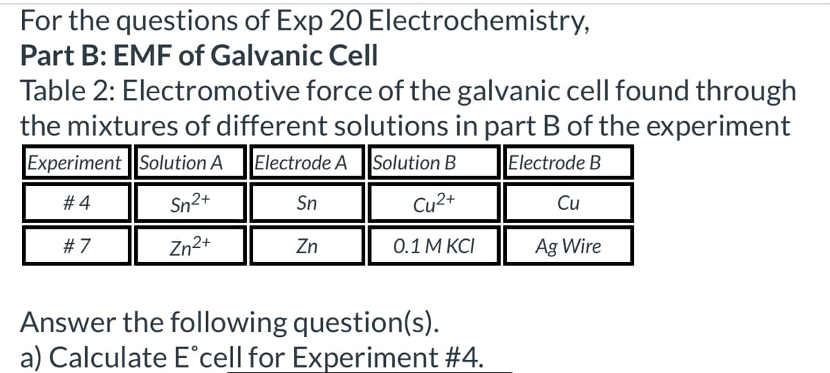 For the questions of Exp 20 Electrochemistry,
Part B: EMF of Galvanic Cell
Table 2: Electromotive force of the galvanic cell found through
the mixtures of different solutions in part B of the experiment
Experiment Solution A Electrode A Solution B
Electrode B
#4
Sn2+
Sn
C42+
Cu
#7
Zn2+
Zn
0.1 M KCI
Ag Wire
Answer the following question(s).
a) Calculate E°cell for Experiment #4.