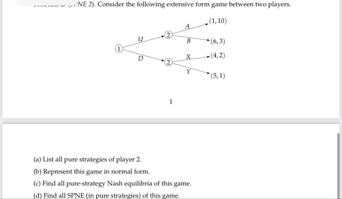 NE 2). Consider the following extensive form game between two players.
(1,10)
u
D
1
A
B
X
Y
(a) List all pure strategies of player 2.
(b) Represent this game in normal form.
(c) Find all pure-strategy Nash equilibria of this game.
(d) Find all SPNE (in pure strategies) of this game.
(6,3)
-(4,2)
(5,1)