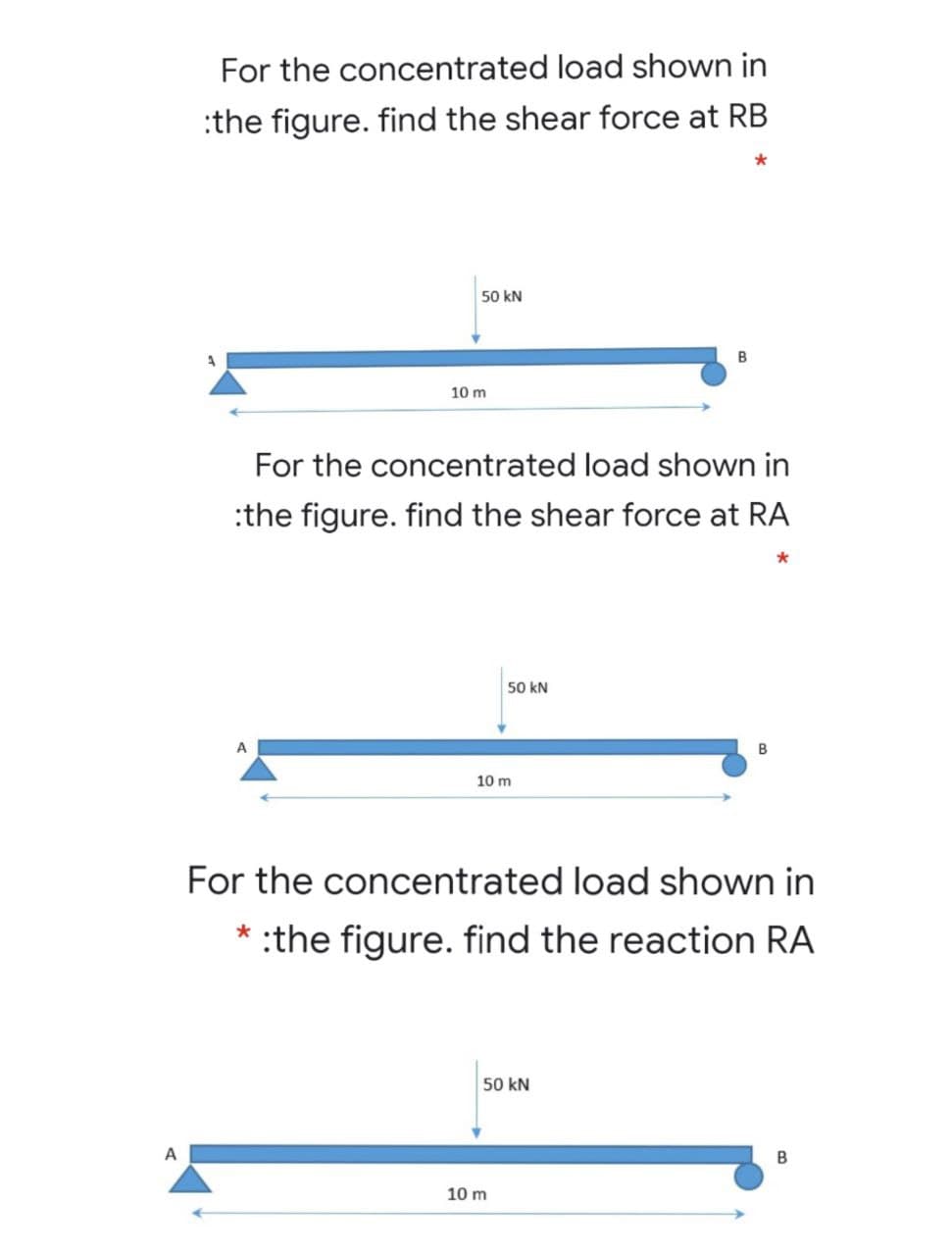 For the concentrated load shown in
:the figure. find the shear force at RB
50 kN
B
10 m
For the concentrated load shown in
:the figure. find the shear force at RA
50 kN
A
10 m
For the concentrated load shown in
* :the figure. find the reaction RA
50 kN
10 m
