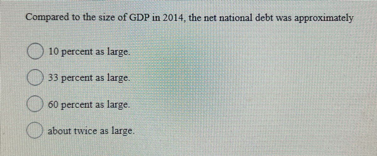 Compared to the size of GDP in 2014, the net national debt was approximately
☐ 10
000
10 percent as large.
33 percent as large.
33
☐ 60
60 percent as large.
about twice as large.