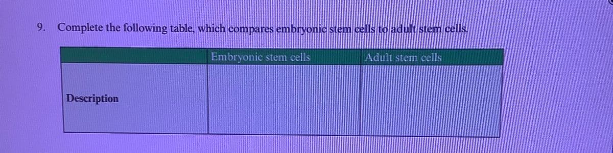 9. Complete the following table, which compares embryonic stem cells to adult stem cells.
Embryonic stem cells
Adult stem cells
Description
